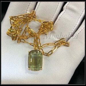 Smoky Moss Brown Earthy Cushion Crystal Pendant Gold Paperclip Chain Necklace